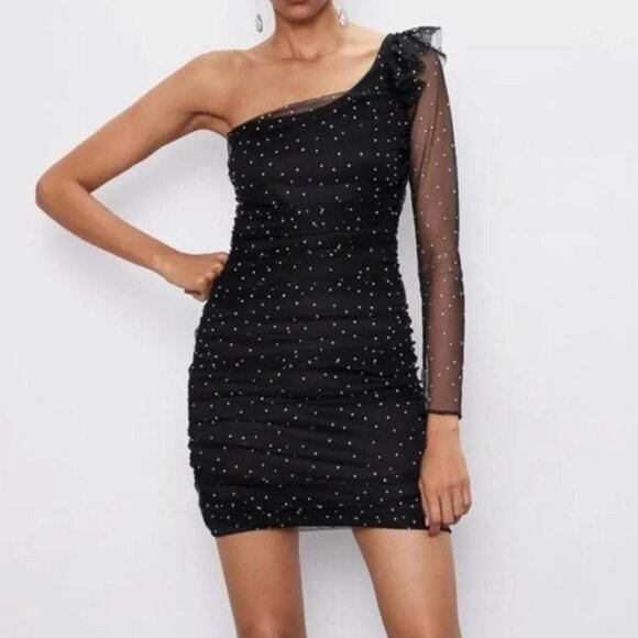 Zara Glitter Organza One Sleeve Mini Dress Black Size Small - Picture 2 of 10
